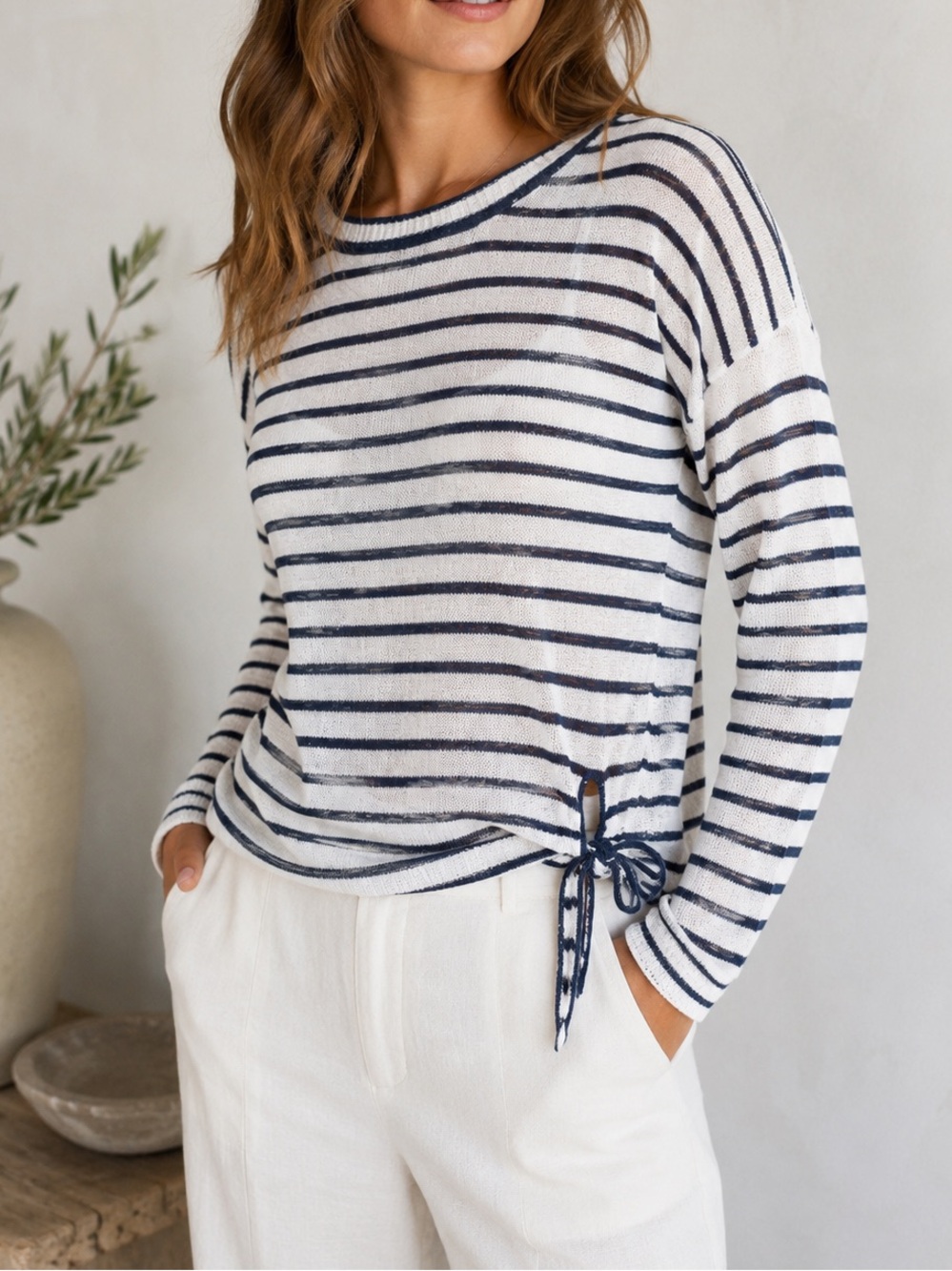 White + Warren Linen Striped Side Tie Sweater